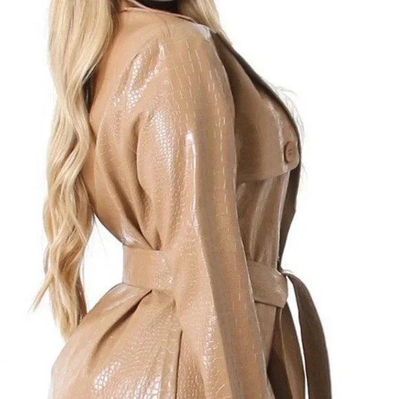 Croc Embossed Belted Trench coat man made leat Long sleeve Waist tie buc… - Picture 2 of 7